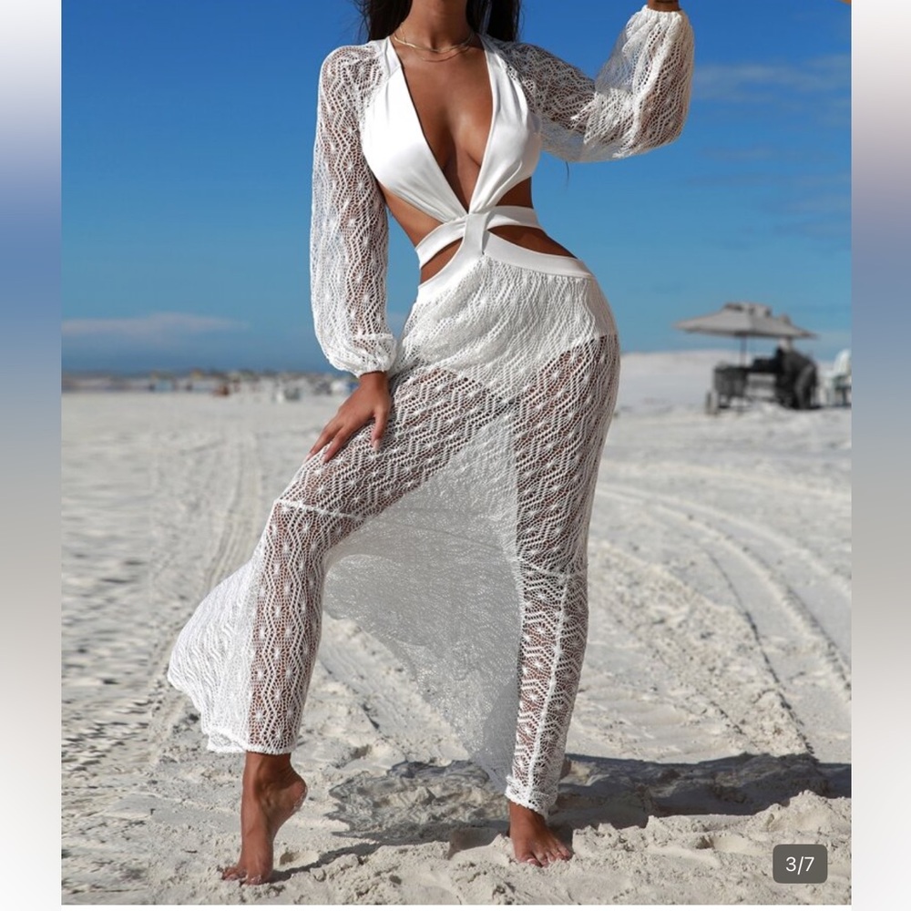 White Lace Cutout Beach Maxi Dress